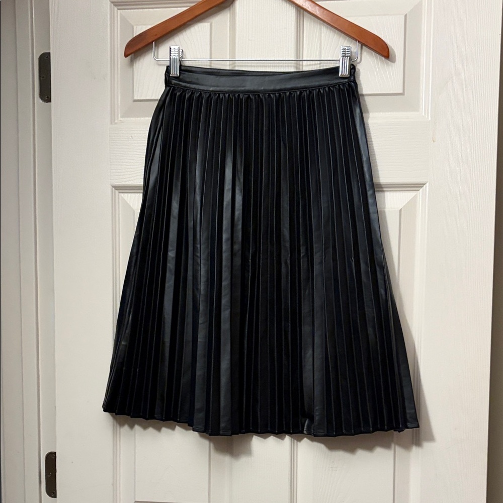 Black Pleated Faux-Leather Midi Skirt